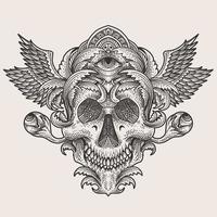 illustration skull head with engraving ornament style vector