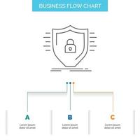 Defence. firewall. protection. safety. shield Business Flow Chart Design with 3 Steps. Line Icon For Presentation Background Template Place for text vector