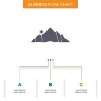 Cerro. paisaje. naturaleza. montaña. diseño de diagrama de flujo de negocios de escena con 3 pasos. icono de glifo para el lugar de plantilla de fondo de presentación para texto. vector