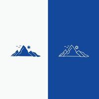 montaña. paisaje. Cerro. naturaleza. botón web de línea solar y glifo en banner vertical de color azul para ui y ux. sitio web o aplicación móvil vector