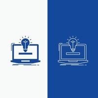 laptop. solution. idea. bulb. solution Line and Glyph web Button in Blue color Vertical Banner for UI and UX. website or mobile application vector