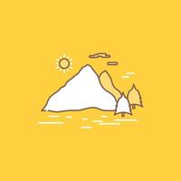 naturaleza. Cerro. paisaje. montaña. icono lleno de línea plana de sol. hermoso botón de logotipo sobre fondo amarillo para ui y ux. sitio web o aplicación móvil vector