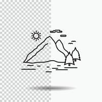 Nature. hill. landscape. mountain. sun Line Icon on Transparent Background. Black Icon Vector Illustration