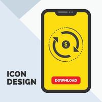 circulación. Finanzas. caudal. mercado. icono de glifo de dinero en el móvil para la página de descarga. fondo amarillo vector