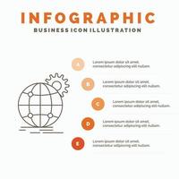 internacional. negocio. globo. en todo el mundo. plantilla de infografía de engranajes para sitio web y presentación. icono de línea gris con ilustración de vector de estilo infográfico naranja