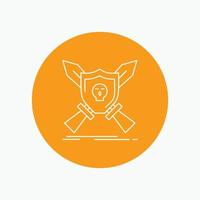 Badge. emblem. game. shield. swords White Line Icon in Circle background. vector icon illustration
