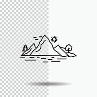naturaleza. Cerro. paisaje. montaña. icono de línea de árbol sobre fondo transparente. ilustración de vector de icono negro