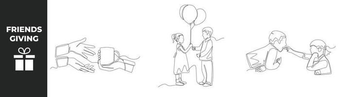 Single one line drawing friends giving concept set. Hand giving a cup of coffee to another hand, little boy gives balloons to his friend and little sister feeds her boy food. Vector illustration.