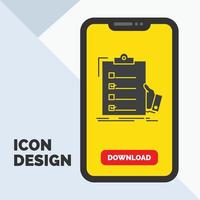 Lista de Verificación. controlar. pericia. lista. icono de glifo de portapapeles en el móvil para la página de descarga. fondo amarillo vector