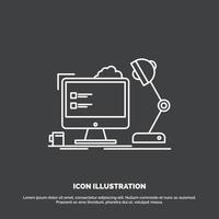 lugar de trabajo. puesto de trabajo. oficina. lámpara. icono de la computadora símbolo de vector de línea para ui y ux. sitio web o aplicación móvil