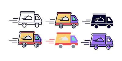 Vector icon isolated food delivery car in different style. Lines, glyphs and colorful versions.