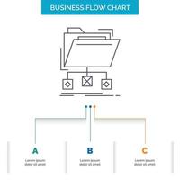 respaldo. datos. archivos carpeta. diseño de diagrama de flujo de negocios de red con 3 pasos. icono de línea para el lugar de plantilla de fondo de presentación para texto vector