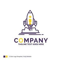 Company Name Logo Design For Launch. mission. shuttle. startup. publish. Purple and yellow Brand Name Design with place for Tagline. Creative Logo template for Small and Large Business. vector