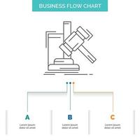 subasta. mazo. martillo. juicio. diseño de diagrama de flujo de negocios de ley con 3 pasos. icono de línea para el lugar de plantilla de fondo de presentación para texto vector