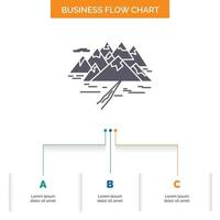 montaña. Cerro. paisaje. rocas diseño de diagrama de flujo de negocio crack con 3 pasos. icono de glifo para el lugar de plantilla de fondo de presentación para texto. vector