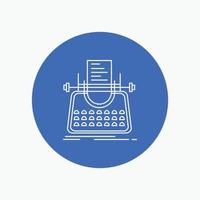 Article. blog. story. typewriter. writer White Line Icon in Circle background. vector icon illustration