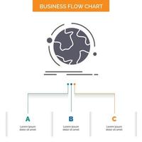 globe. world. discover. connection. network Business Flow Chart Design with 3 Steps. Glyph Icon For Presentation Background Template Place for text. vector