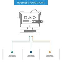 Arte. computadora. diseño. digital. diseño de diagrama de flujo de negocios de estudio con 3 pasos. icono de línea para el lugar de plantilla de fondo de presentación para texto vector