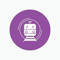 metro. tren. inteligente. público. transportar icono de glifo blanco en círculo. ilustración de botón de vector