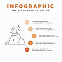 desastre. erupción. volcán. alerta. plantilla de infografías de seguridad para sitio web y presentación. icono de línea gris con ilustración de vector de estilo infográfico naranja