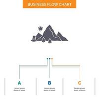 mountain. landscape. hill. nature. tree Business Flow Chart Design with 3 Steps. Glyph Icon For Presentation Background Template Place for text. vector