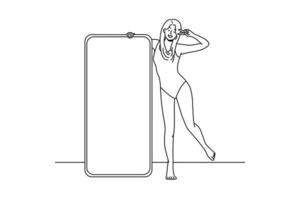 Smiling woman in swimsuit posing with cellphone with mockup screen. Happy girl in bodysuit near smartphone with white copy space display. Influencer concept. Vector illustration.