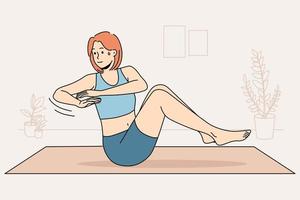 Woman training on mat at home vector