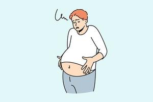Unwell man suffer from indigestion. Unhealthy male struggle with stomach flatulence. Healthcare and bowel problem. Vector illustration.