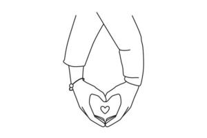 Couple holding hands show heart sign with fingers. Man and woman demonstrate love symbol feel love and affection. Relationship concept. Vector illustration.