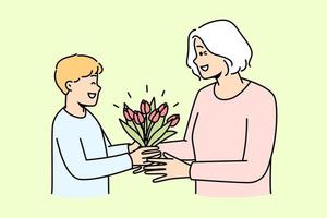 Smiling boy child present flowers to mature grandmother. Happy kid give floral bouquet to elderly granny on special occasion. Vector illustration.