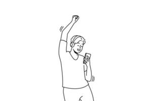 el hombre feliz con auriculares inalámbricos baila escuchando música en el celular. un tipo sonriente con auriculares disfruta de audio de buena calidad en un smartphone. ilustración vectorial vector