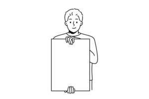 Smiling man hold white empty poster for advertising copy space. Happy male demonstrate mockup on paperwork for ad placement. Vector illustration.