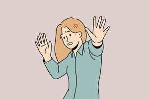 Scared young woman make stop hand gesture feeling danger or confusion. Unhappy female feel panic attack terrified frightened by something. Vector illustration.