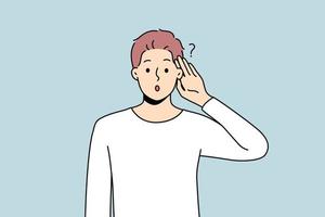 Young man make hand gesture listening to news on information. Confused male wonder about gossip or hearsay. Vector illustration.