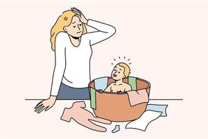 Stressed young woman feel tired with motherhood and small kid. Unhappy frustrated mother exhausted with toddler and parenthood. Vector illustration.