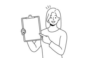 Smiling businesswoman showing folder with white mockup paper. Happy woman employee demonstrate paperwork completed task at workplace. Vector illustration.