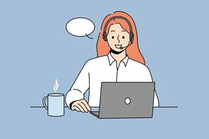 una mujer sonriente con auriculares se sienta en el escritorio y habla por videollamada en la computadora. una feliz agente del centro de llamadas tiene una conversación en línea en una laptop. ilustración vectorial vector