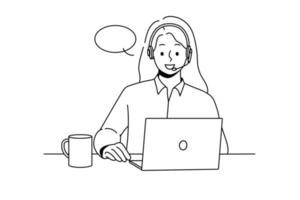 una mujer sonriente con auriculares se sienta en el escritorio y habla por videollamada en la computadora. una feliz agente del centro de llamadas tiene una conversación en línea en una laptop. ilustración vectorial vector