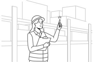 mujer ingeniera en uniforme trabajando en el almacén. empleada en casco ocupada en depósito o almacén. ilustración vectorial vector