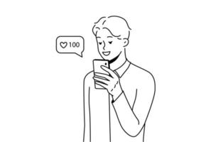 Smiling young man using cellphone collect likes on social media. Happy male look at mobile phone screen get acknowledgment from subscribers. Vector illustration.