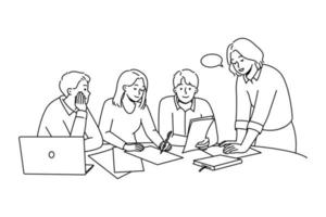 Diverse businesspeople sit at desk in office discuss paperwork at meeting together. Employees brainstorm engaged in teamwork at workplace. Vector illustration.