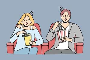 Couple eat popcorn enjoy movie in cinema. Emotional man and woman feel stunned with film in theater. Entertainment and weekend. Vector illustration.