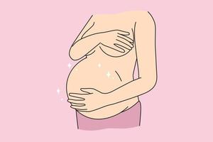 Close-up of naked woman touching pregnant belly ready for future maternity. Female excited with pregnancy. Motherhood and mom to be. Vector illustration.