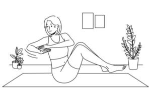 mujer joven sudando haciendo ejercicios de entrenamiento en la alfombra en casa. una chica deportiva motivada hace ejercicio deportivo en interiores. actividad física. ilustración vectorial vector