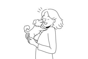 Happy young woman with cute dog in hands. Funny puppy lick smiling female owner show love and affection. Domestic animals. Vector illustration.
