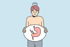 Unhealthy man suffer from indigestion problem. Unhappy sick guy holding image of sick body organ struggle with stomachache. Healthcare concept. Vector illustration.