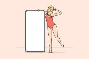 mujer sonriente en traje de baño posando con teléfono celular con pantalla de maqueta. chica feliz en traje de cuerpo cerca de teléfono inteligente con pantalla de espacio de copia en blanco. concepto de influenciador. ilustración vectorial vector