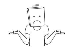 Unknown person with paper bag on hand feel confused and frustrated. Man or woman with package with face expression feeling doubts. Vector illustration.