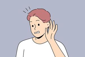 Man make hand gesture hearing gossip or rumor. Frustrated male listening to hidden or secret information. Vector illustration.