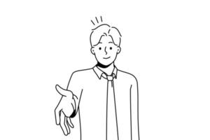 Smiling young businessman stretch hand for handshake with business client or partner. Male employee handshake customer. Greeting or acquaintance. Vector illustration.